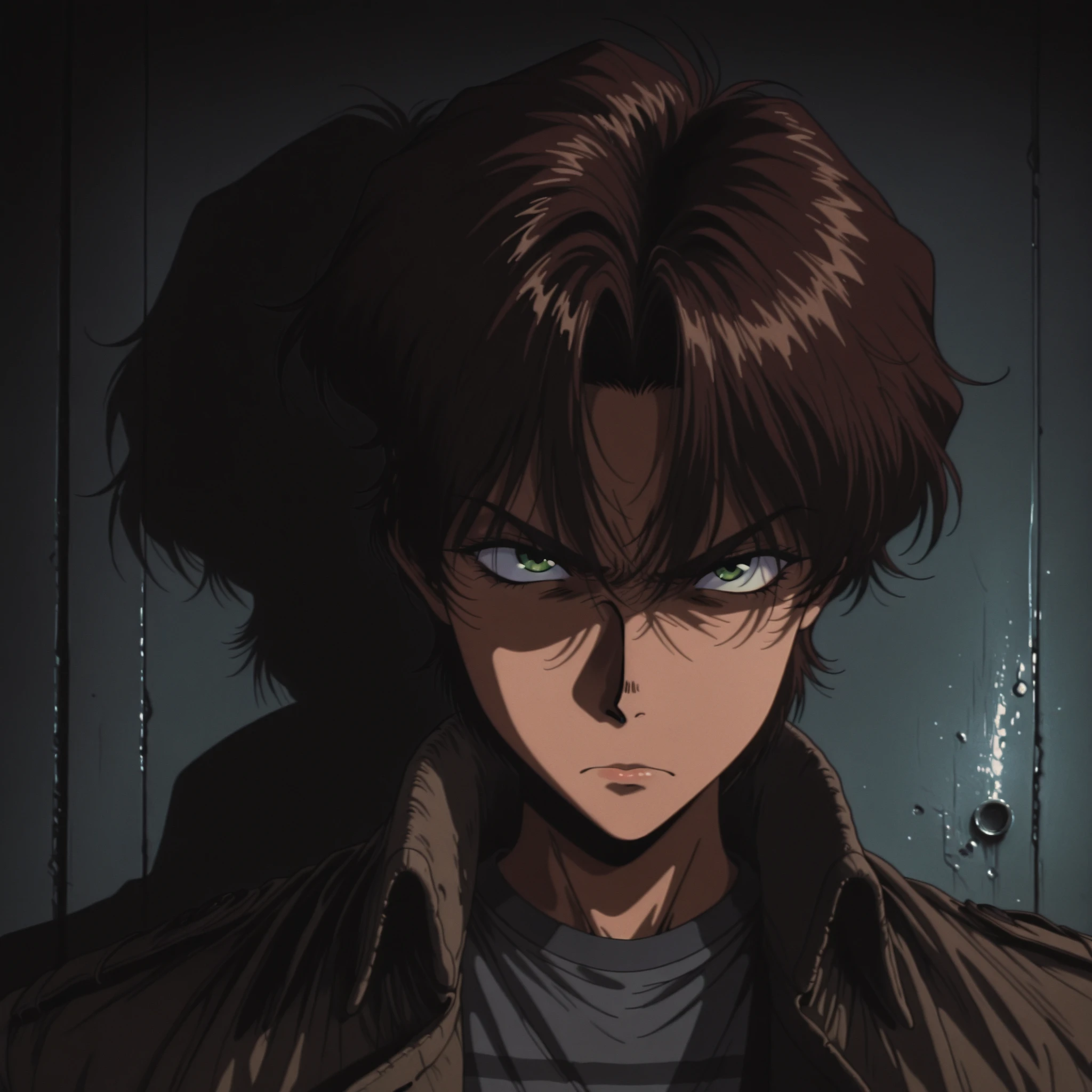 (best quality,4k,8k,highres,masterpiece:1.2),ultra-detailed,(realistic,photorealistic,photo-realistic:1.37), young man , mappa art style,  heart-shaped face shape , almond-shaped brown eyes with positive canthal tilt,  dark brown hair color , his hair is well styled in curtain hair, he looks handsome, he is fair ,  sharp jawline , he is wearing black shirt