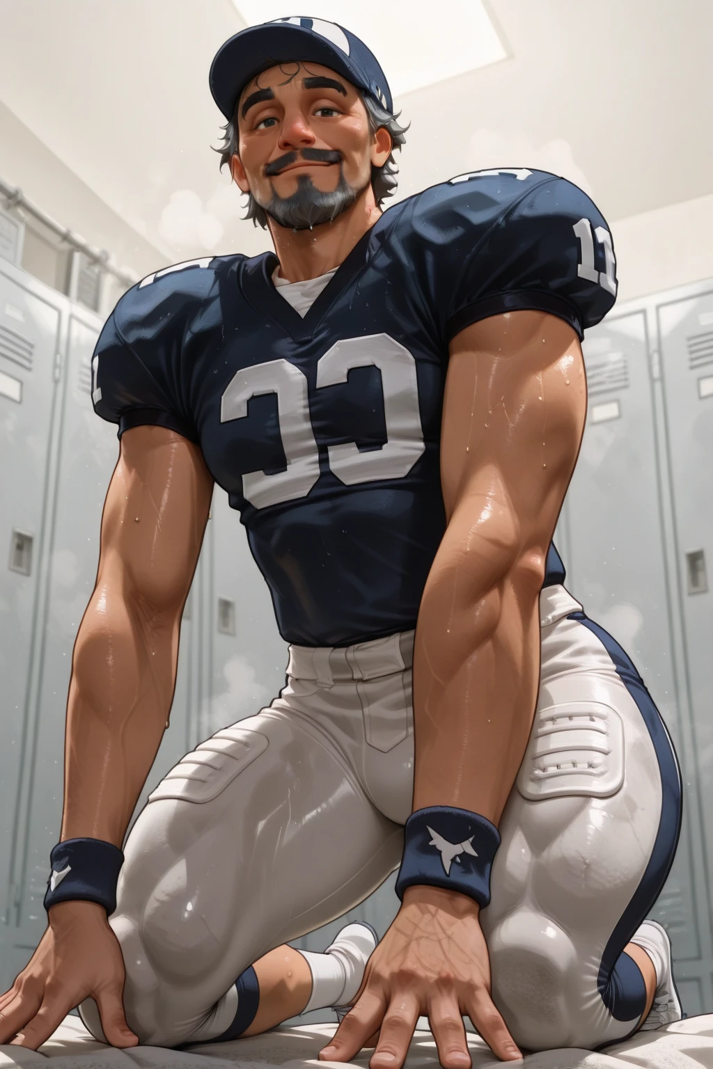 (: 1.5), (handsome Man sitting on table eating bread ),(crew cut short hair:1.8),black eye,(Wear a fitted round neck t-shirt in navy with a police badge.:1.5),(fit neck),Navy blue jeans,(black_gloves:1.2), Korean guy,chest muscles,large arm muscles,blood vessel,Big muscles,Broad shoulders, (open mouth:1.2),(face up:1.2),(open eyes:1.5), middle of the road,smile, In the bread shop, ( :1.5), ( very long: 1.6),  very Big, (Big ), ( of the : 1.6), ((very big, very long )), , hold your hand on your , () , bread in hand