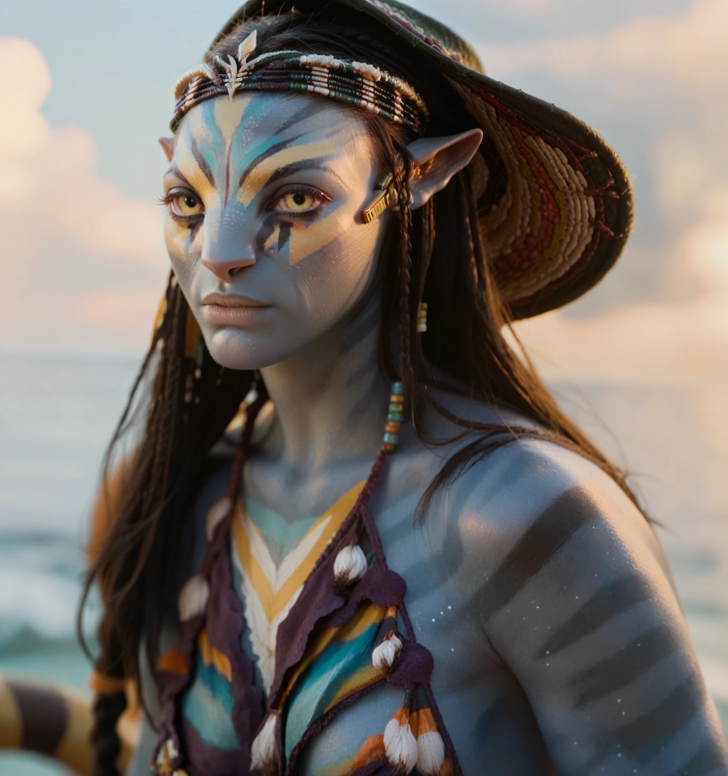 1 girl, loincloth, thighs, sunset, pose, slim body, tail, hands on thighs, looking at the viewer, frontal, ocean background, islands, black war paint, standing, <lora:Neytiri:1> neytiri, score_9, score_8_up, score_7_up, score_6_up