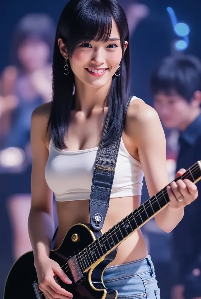 (Realistic, Photorealistic: 1.37), (masterpiece:1.3, Best Quality: 1.37), (Ultra High Resolution:1.2), (Raw photo:1.2), (Sharp Focus:1.3), (Face Focus:1.2), (Ultra detailed CG unified 8k wallpaper:1.2), (Beautiful skin:1.2), (shiny skin:1.3), (hyper-sharp focus:1.5), (Ultra Sharp Focus:1.5), (Beautiful pretty face:1.3), (The face of the Japan actress:1.3), (hyper detailed background, Detail Background:1.3), Real Human Skin, (Detailed face), (symmetrical eyes), (detailed and real fingers), front face, low angles, looking down to viewer, full-body shot, BREAK, 1girl:1.3, 20 years old, slim, (middle :1.37, show ), glossy lips, natural makeup, Idol singer standing in the center of the stage, spot light
Idol singer wearing(idol_singing_costume), (Lora:BetterDetailAndLighting:0.5), (Korean Idol, Gravure Idol), knee-high boots, piercings, a necklace, bracelet, hair bandana, yellow fingernails, hair-style(high ponytail:1.3), idol smile, Beautiful posture, An idol singer is holding a electric guitar and a microphone(coderess), background(idol stage:1.5), milky ways, planetarium