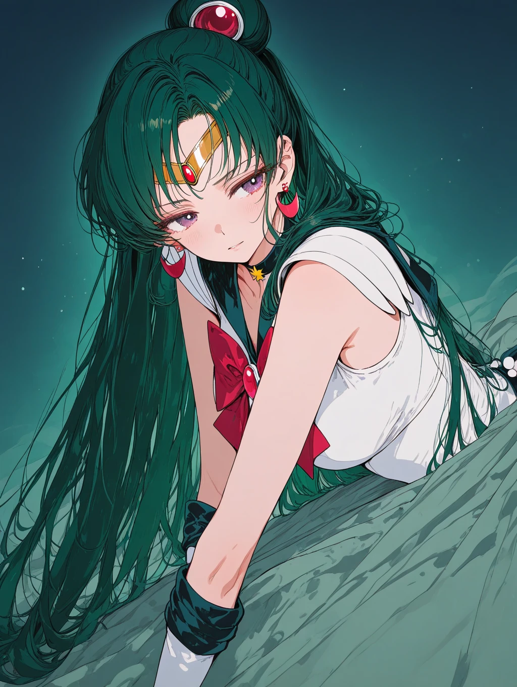 dark, masterpiece, Highest quality, 8K、Sailor Mars, Unhealthy face:1.9, Dark Eyes:1.5, Dark circles under the eyes, Long Hair, Long Bangs, Eyes through the bangs, Big eyes,　Turquoise Eyes, Bust Shot, Yandere:1.5, Unhappy face, Lifeless face, Dark atmosphere

