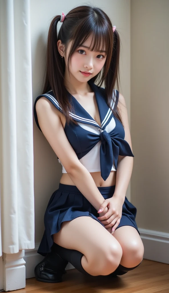 highest quality　masterpiece　8Kのmasterpiece　Highly detailed face　draw the face in detail　sailor suitを着た女性が1人　full body photo　cute pose　Sexy写真　focus on face　Kamimei　Close-up photography　majority of users on screen　professional lighting　かわいいsailor suitminiスカはためく　vivid pictures　blush　Shyness　Sweat　Stir　happy expression　displeased look　Ecstatic expression,  appeal　Innocent heroine of a love simulation game　lusterのある濡れたカラスの毛　luster　Cute and sly　Buriko　unreality　absurd　can't believe it　sailor suit　Sexy　Sexy　Sexy　Sexy　Sexy　Sexy　mini　Childish　heavy bangs　 visible over clothes　 are visible under the skirt　Sexyポーズ、((No :1.5))、((Low - Angle:1.5))、