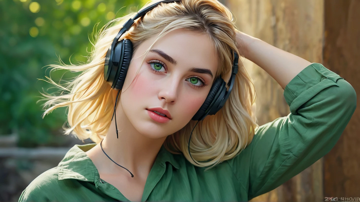 (masterpiece), (best quality, highres, highly-detailed, illustration), 1girl, solo, city, contemporary, profile picture closeup, blonde beige long hair, green eyes, beautiful detailed eyes, squatting, headphones, 8k, trending on ArtStation, featured on Pixiv