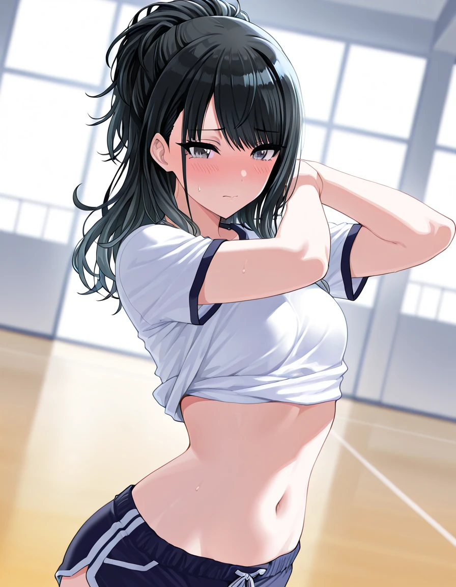 anime style: Kimi no Koto ga Dai Dai Dai Dai Daisuki na 100-nin no Kanojo, symmetrical face, white woman and light brown hair, young woman of 1, very realistic anime, a slave woman from ancient Egypt with a crop top period linen, short tight , body similar to Priscilla Ricart, walking to the bank of the Nile River with very short clothing thin and light as air, very  and  girl, 38D cup , with  details and intricate realistic elements, random angle,  view, 