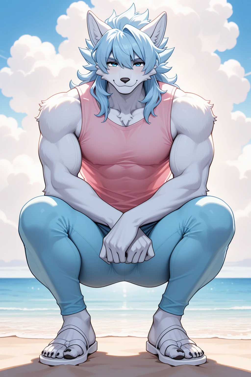 by zixiong, (1boy), solo, male, kemono, (blue wolf), white coutershading, (), handsome, muscular, adult, hunk, hot body, (detailed black eyes), detailed face, white eyebrows, (1 detailed big hard white  ), , thick body, , full body, pectoral, 6-pack abs, masterpiece, high res, best quality, 8k, , lineart, detailed shade, sunroof