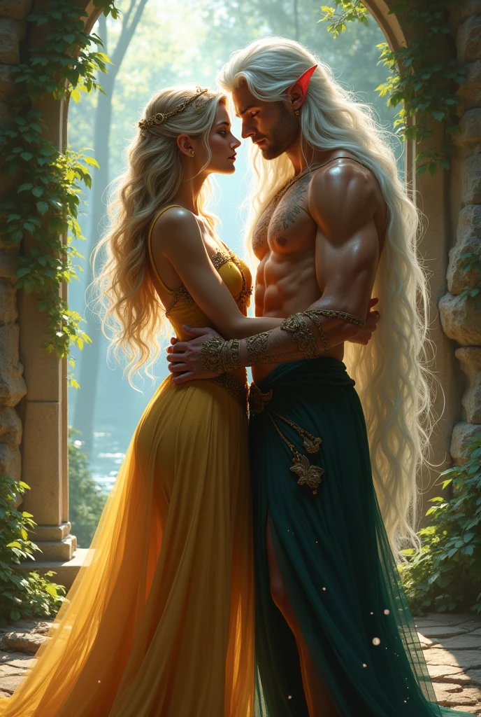 (couple cuddling) rough man Zeus muscular , beauty, sexy, big breasts, cleavage,  legs, , standing, hanfu, wet, clear, realistic, highest detail, Chinese mythology, dragon pattern, phoenix, sacred, holy, mountains