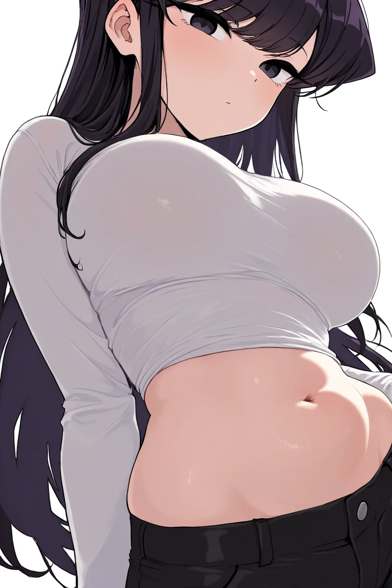 white long hair, (((soft skin))), (((soft skin))), (ruddy skin), (pale skin:0.21), One, [[???????????]], black sweater top, navel, ???? belly, black shorts, Bedroom, (((Correct Perspective))), purple eyes, (((black denim shorts)))