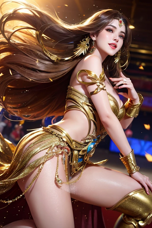 alone, 1 beautiful woman,, (Huge false breasts, round chest:1.4), (hard muscular ass:1.1), (shiny skin:1.1), delicate face, debris flies, 最high quality, high quality, High freshness, high quality texture, high quality shadow, high detail, cinematic light, side lighting, ray tracing, focus clearly on the chest, reality, edge light, two-tone light, (detailed skin details: 1.2), 8K UHD, Single-lens reflex camera, (soft light, high quality, High resolution:1.7), (Highly detailed CG Unity 8K wallpaper)A beautiful girl ，golden ，beautiful girl，dark brown hair， anime goddess beautiful goddess , 古代のgoddess美しいファンタジー皇后)), goddess. very detailed, queen of goddess, highly detailed goddess shot, golden goddess, japanese goddess, movie goddess body shot, Young goddess, , trending on cgstation, goddess of Beauty，sexy photo pouch body，beautiful girl，rocket boobs，sexy，beautiful girl goddess，cute、