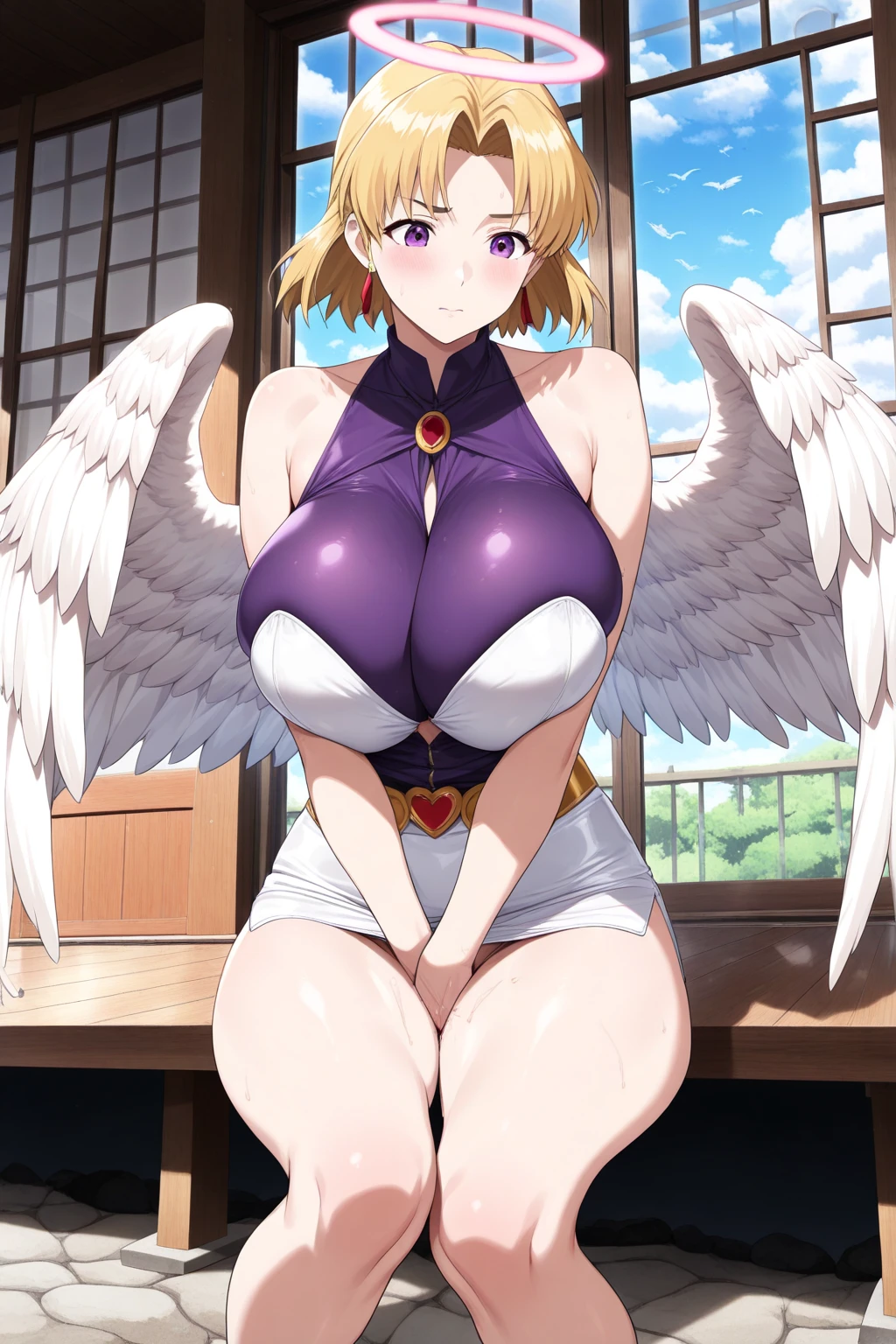 best quality, amazing quality, very aesthetic, 1girl, saber, fate/stay night, 1girl, saber, fate/stay night, , (artist official art:1.5), ahoge_hair, green eyes, steaming body, trembling, large breasts, jitome, cinematic light, official_dress, big_angel_wings, flying, on sky, happy, warm_smile, blush, night, looking_at_viewer, oily_skin, cool