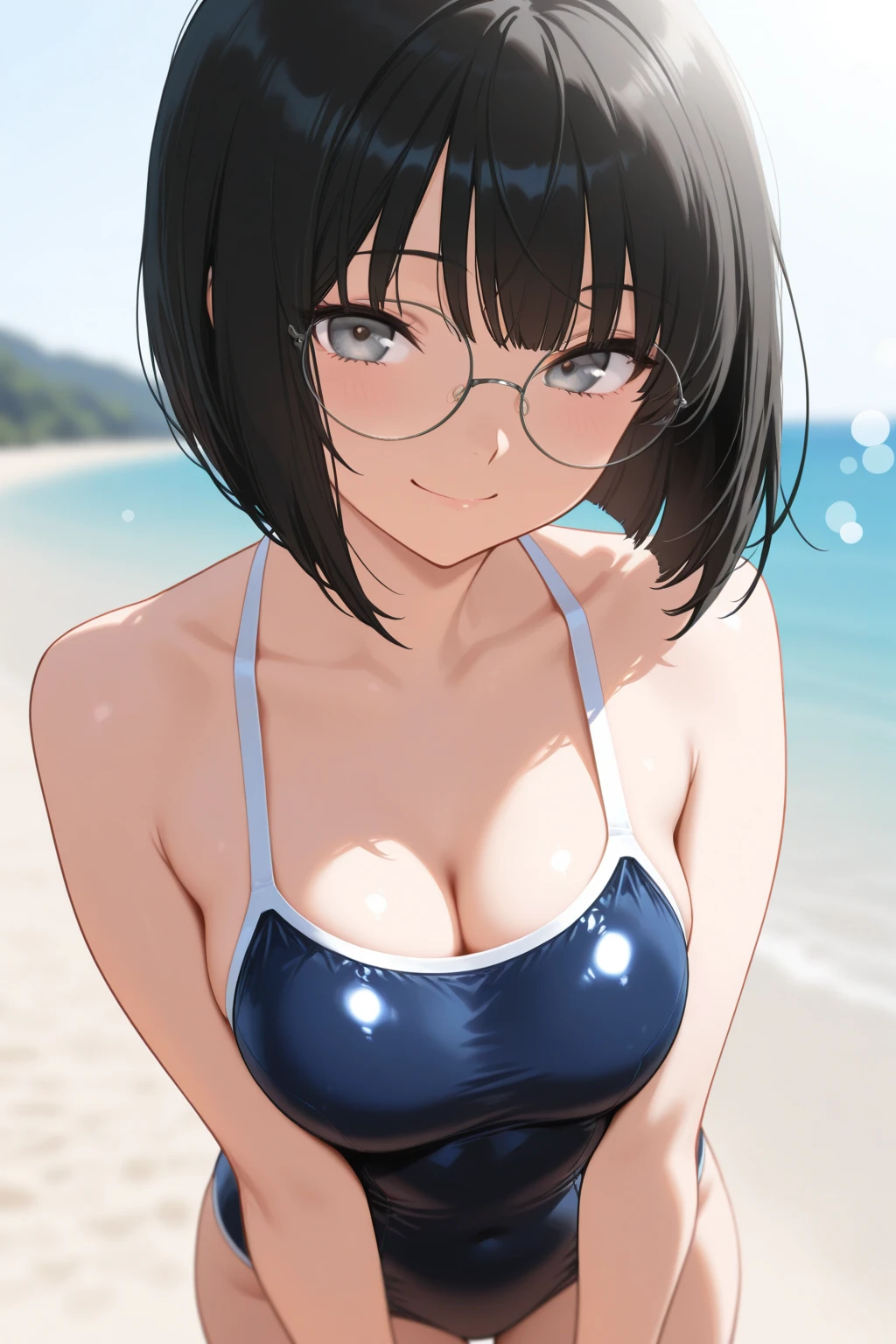 (best quality:1.5, highres, UHD, 4K, detailed lighting, shaders), black hair, bob cut, hair covering one eye, cool woman, cool girl, sharp eyes, blue eyes, beautiful, beach background, bikini, large breasts