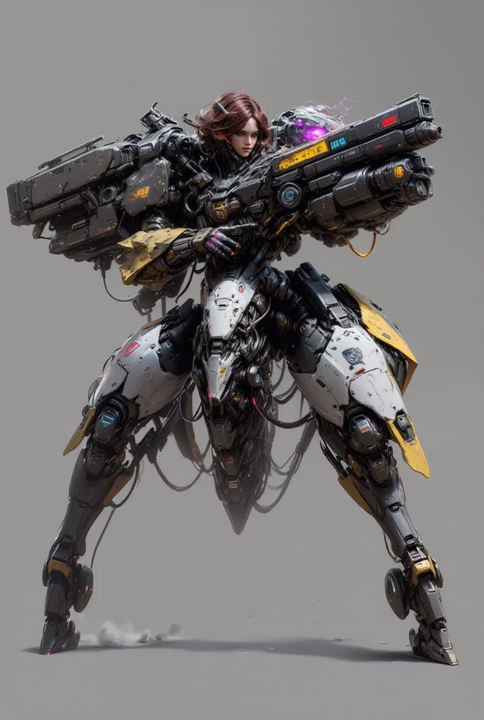 A mysterious man with long hair who has a highly prosthetic body，The hands are giant cannons，There are missiles behind，