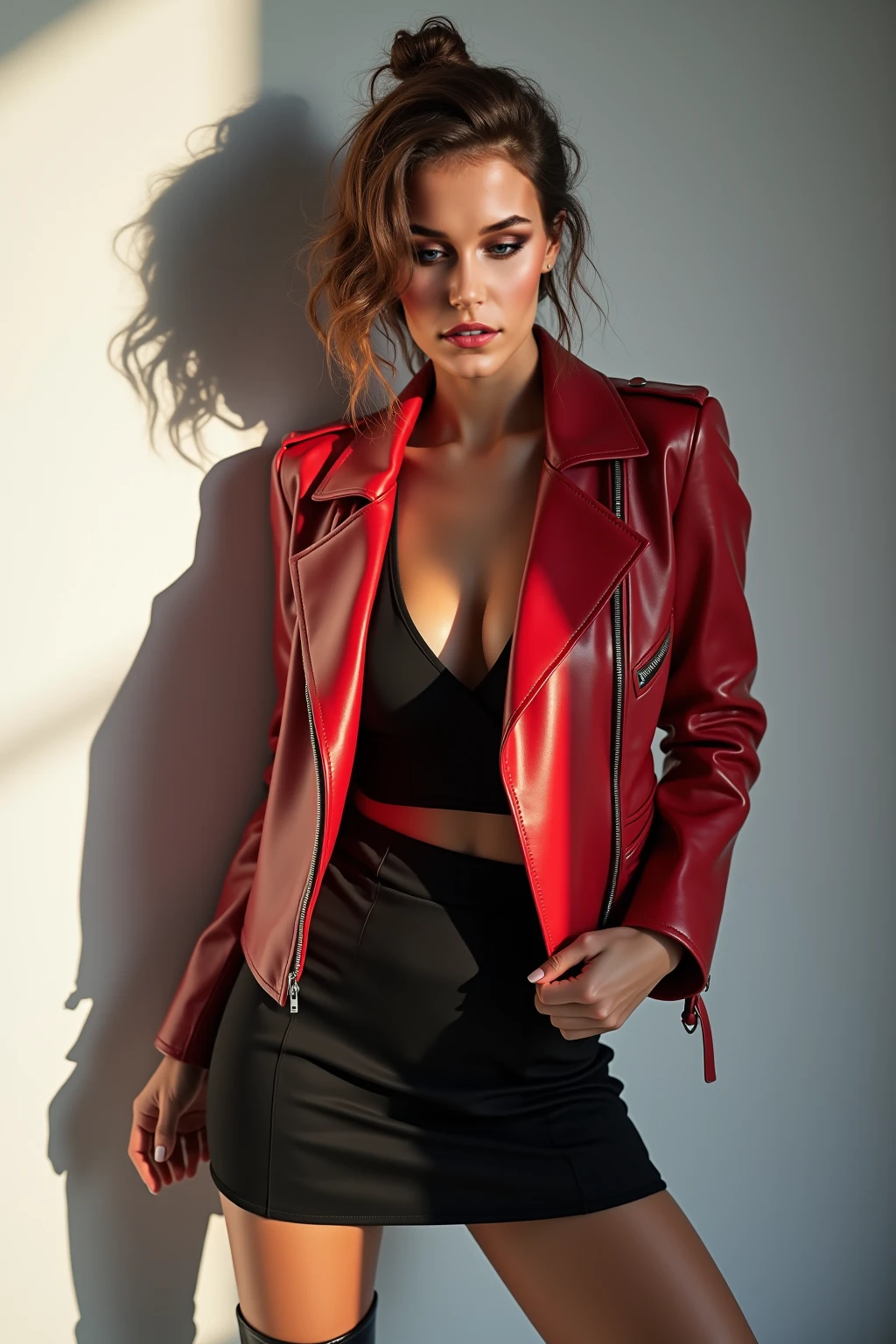 A 18 year old hot Indian girl has hourglas figure  and she is in bathroom and she wear sexy red leather short jacket ,short pant and stockings all clothes are joined by leather belt she is opening her all clothes 