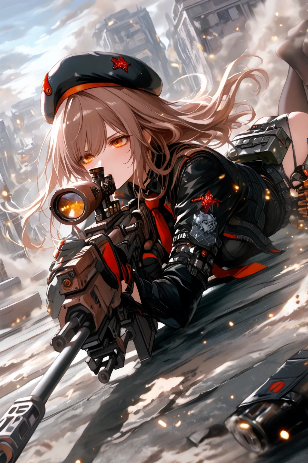 最high quality、best image quality、masterpiece、girl((18-year-old、 By becoming、vest 、,wide open  tea、red glowing eyes, blonde、messy hair、long hair、thin,highest valley、Show the whole body、white dress、long skirt、open 、White wristband、red shoes、、smile、Leaning forward、rose hair ornament、have a rifle、Whole body return blood)),high quality、beautiful art、background((company office))、Flight、debris flies、Depth of written boundary、movie、visual art、perfect art、8K,genuine、