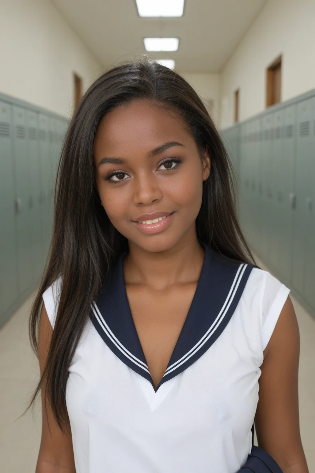 (Muscular:0.5), (thick thighs:0), (large round :0), (large muscular  and shoulders:0.5), FEMALE, brown hair, long brown hair, (big smile:0), (wearing a tight blue short sleeve Polo shirt and skirt:1.5), looking at viewer, (three quarter view:1.2), upper body view, (school hallway:1.5), dark lighting, detailed skin, detailed eyes, (dark skin:1.3), (huge round muscles:0.5),