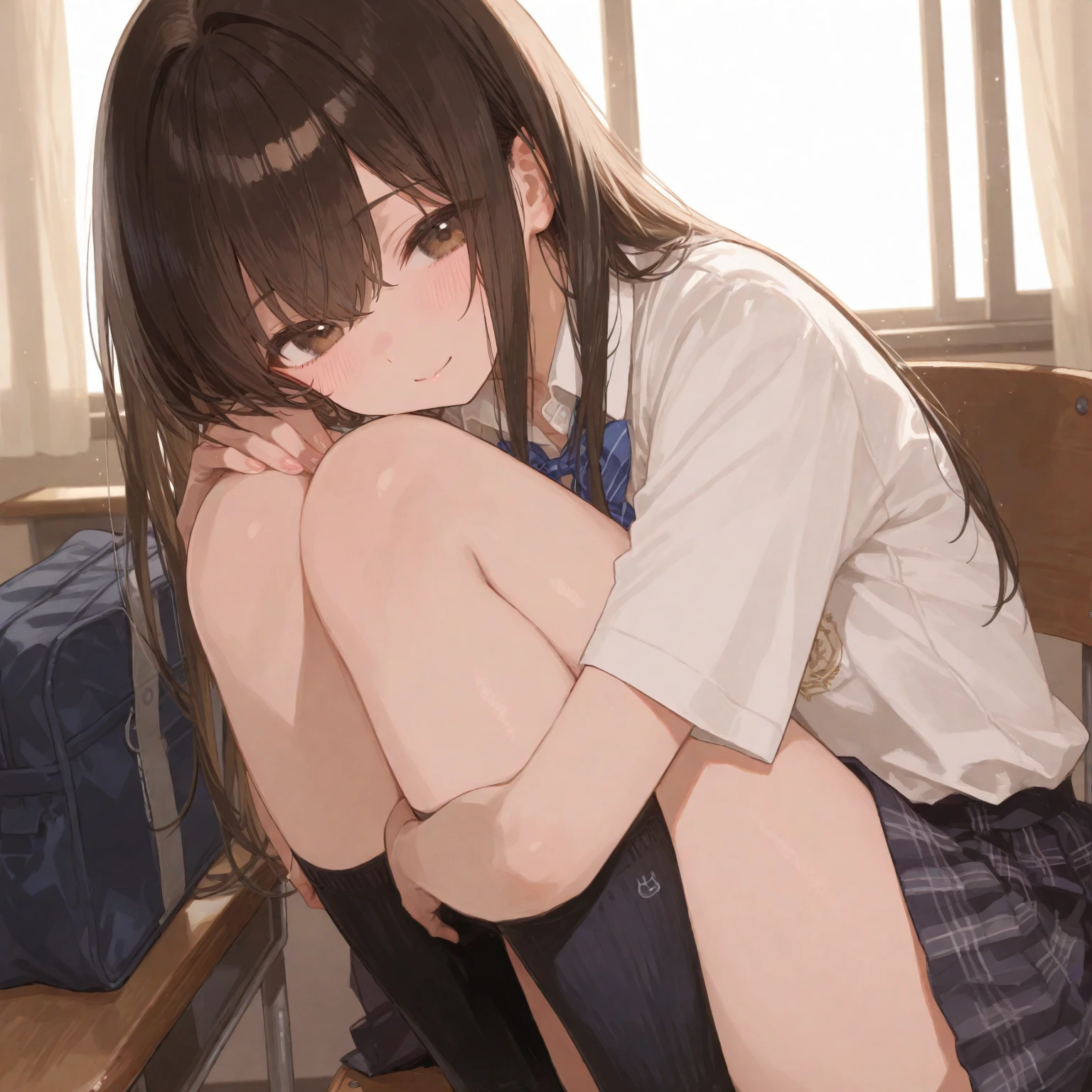 (8K、Best image quality、Highest quality、masterpiece)、One tall girl、((Full body))、Sit on the floor with your legs spread apart、White  are visible、Long Hair、Wavy Hair、blush、Moderate bust、White collared shirt、Short sleeve、((Plaid pleated ))、Classroom Background、((black tights))、Black Pantyhose、((No shoes))