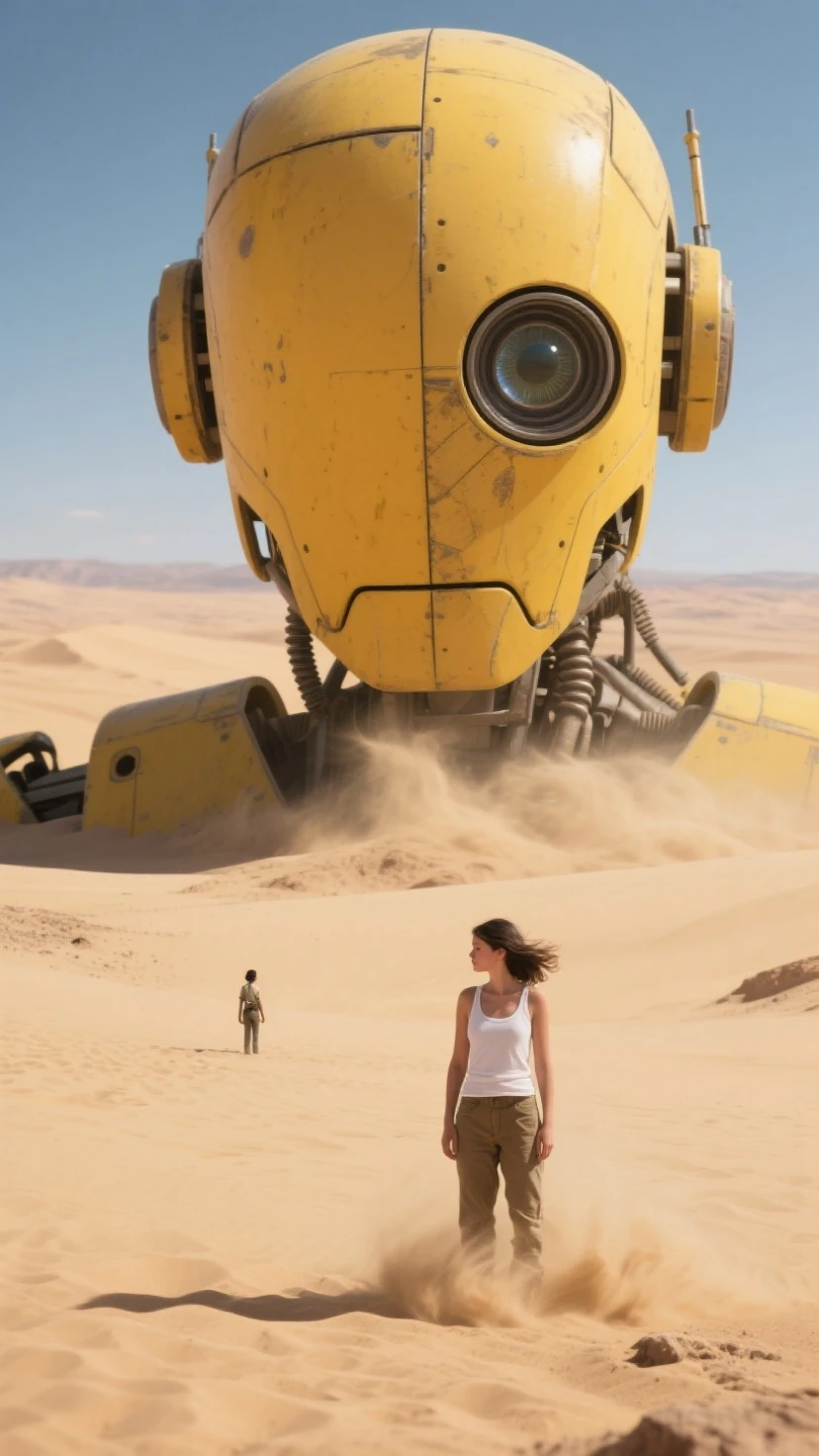 a girl on a barren, rocky planet, talking to human-like creatures with sunburnt skin