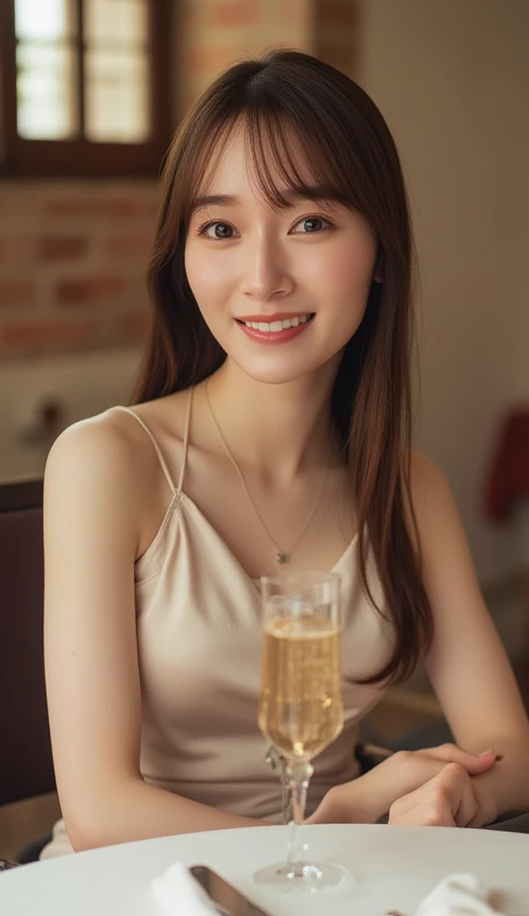 A very cute face like an idol、Looks like a young face、20-year-old female、Gentle and cute、A kind smile、White, sheer blouse、((whole body像))、Cleavage、A crowded bar、Toast with a beer mug、Cinema lighting、Natural light、whole body、RAW Photos、Genuine、Artistic、(High level of artistry)、High quality that is indistinguishable from real life、realism、Real Stick、High resolution、masterpiece