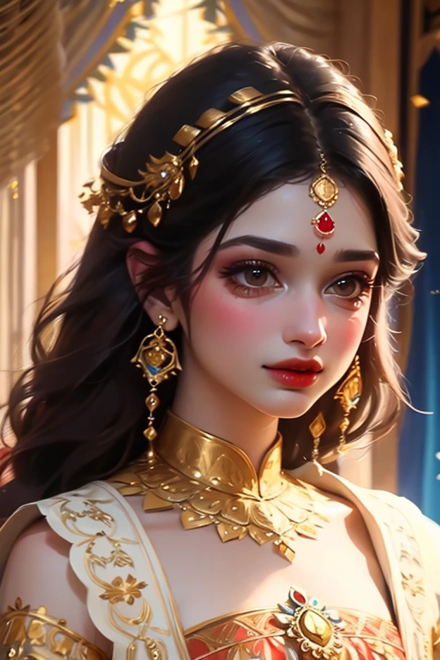 Goddess, very beautiful, animated style, closeup shot, anime in a yellow and pink combination indian saree, long black wavy hair untied, head jewellery, head clips, head chains, head tiara, necklace, long and beautiful earings, armlets, bangles and bracelets, rings, pleasant expression, bright big black eyes, holding a flower, natural beauty, vibrant colors, dreamy, northern light, pink bubble, romantic, soft lighting, vintage aesthetic