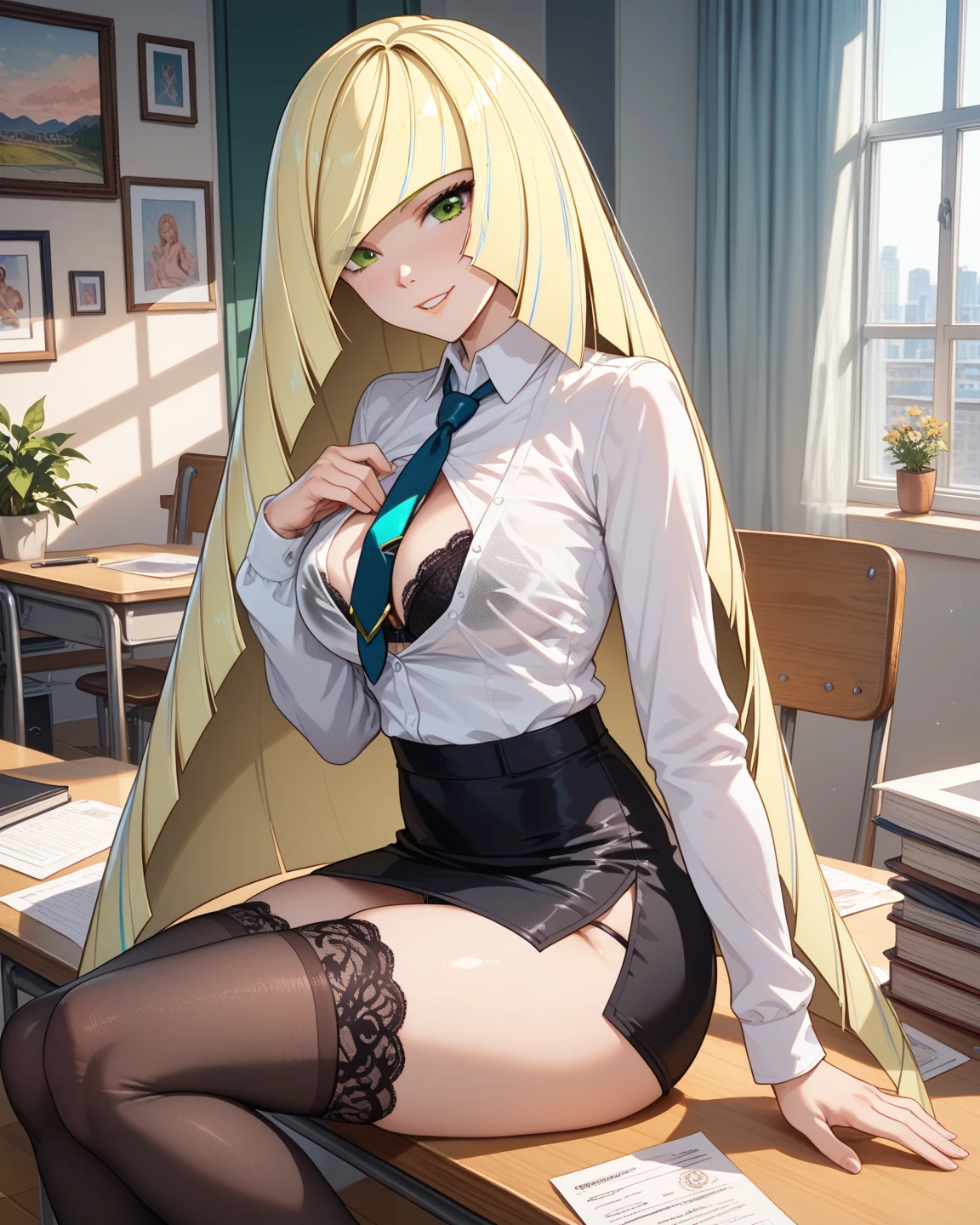 Create an anime girl with a black , white  black stockings with a white blouse with suspenders, blonde with green eyes, wide hips and big breasts in a luxurious office setting