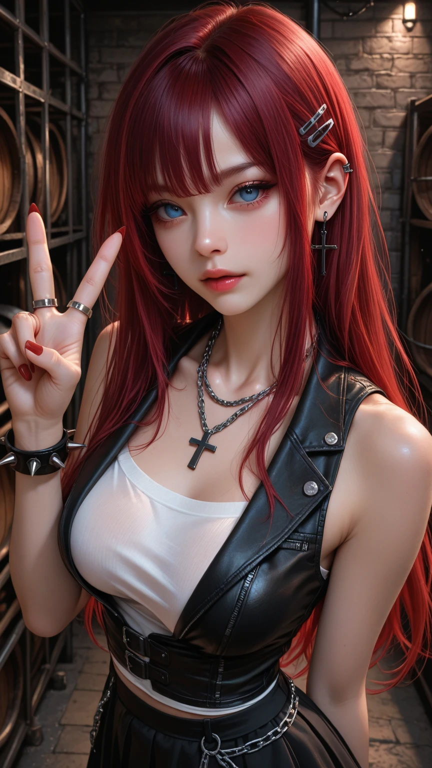 Long orange hair，Nice face，choker necklace，Heterochromatic pupil，Gini Coefficient，fully body photo，Big-breasted girl，cardigan shirt
