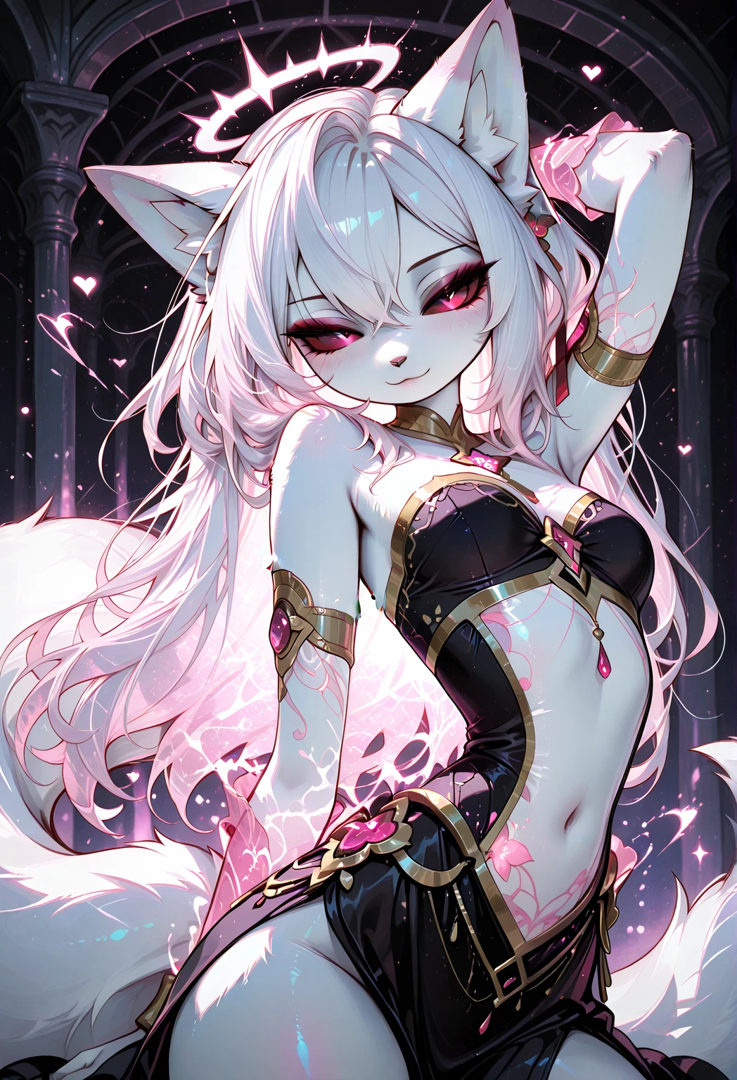 Silver hair, pink eyes, body, cat ears, girl, earrings, heart background fantasy, hot pink dress uniform, hair bows