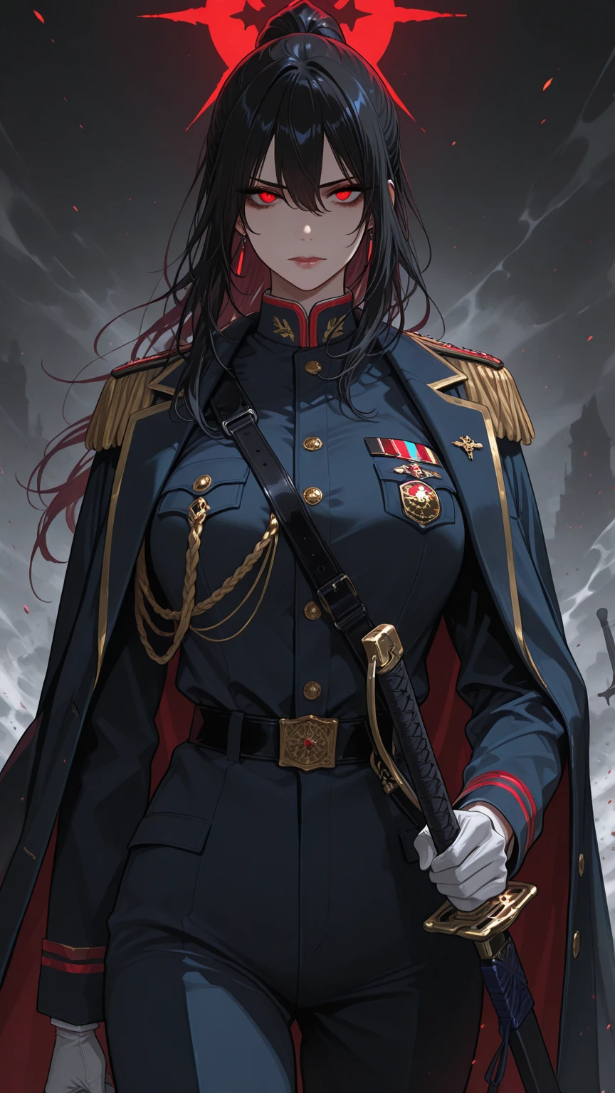 Grandmother holding swords,  ww2 black suits,  general  ww2 hats, soldiers in the background,red blood element,hd light and dark, balance rendering, HD lighting and dark )<=(epic image quality)dark atmosphere with bright particle light(many effects in background)