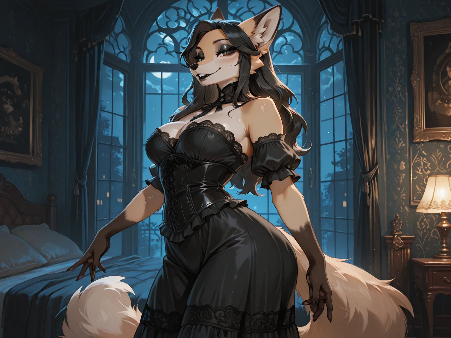 by reysi, by hioshiru, by zackary911, by darkgem, masterpiece, portrait, soft lighting , (fluffy fur:1.1), slim, male, puro, black fur, white mask, white eyes, black sclera , looking at viewer, detailed background, full body image, wearing clothes/, wearing white lace 