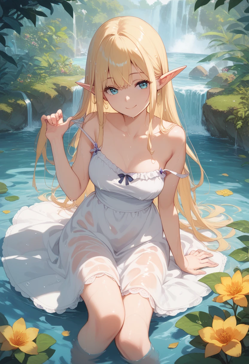 top-quality、Top image quality、​masterpiece、Full body  girl((24 year old、Best Bust、big bast、Bust 90,Beautiful blue eyes、,Blonde long hair、A slender、Sexy gestures、a closeup、Esbian、beautiful tiara、hiquality、Beautiful Art、Background with((starrysky)))masutepiece、visualart、depth of fields、low angle of morning sky、、Elven ears、、light magic、kosmos、mid night、、Happy smile、Gentle light、、Beautiful skins、beutiful breast、beautiful foot、welcome、、accurate fingers、Exact finger count、ticker beautiful body、sexypose、Mystical　　Flower Garden、seductiv、flower  field、roses、the woods、Marble pillars、Public bath of the palace、、Sexy body、gravure、Renaissance art、I'm surprised、