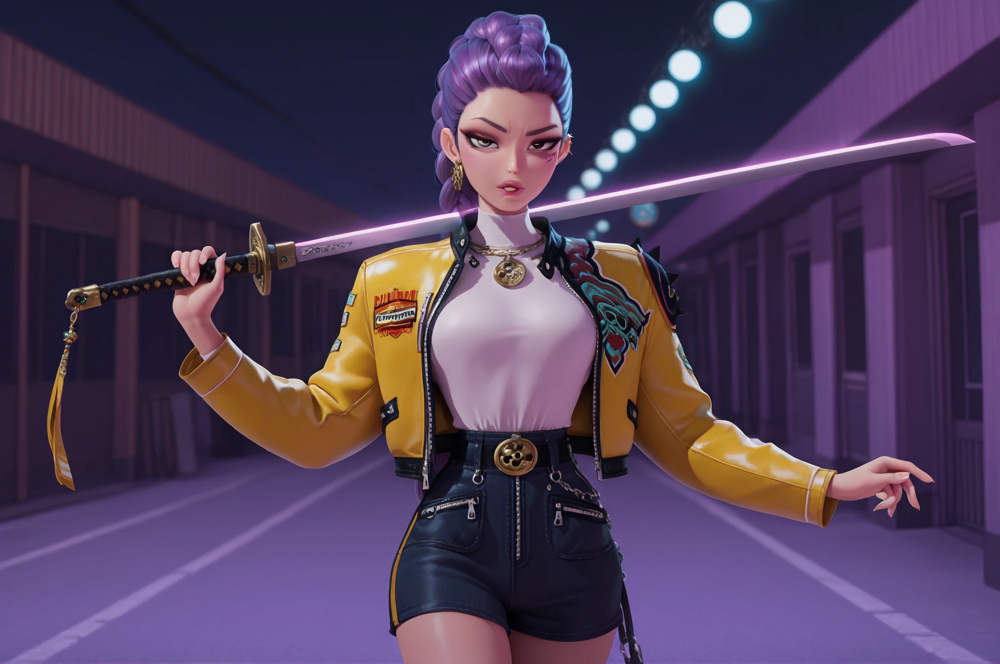 1 chica, personaje estilizado 3d, Asian, Asian tattoos on the body, pelo corto rosa, drilling, chaqueta corta voluminosa, colgante en el cuello, estilo ciberpack, elementos brillantes en el disfraz, 3/4 posiciones, vista inferior, piernas largas, flaco, malla de pantimedias, muchos aretes en las orejas, holding a smartphone with a hologram in his hand, super details, Asian ornaments on clothes, a dragon on the jacket