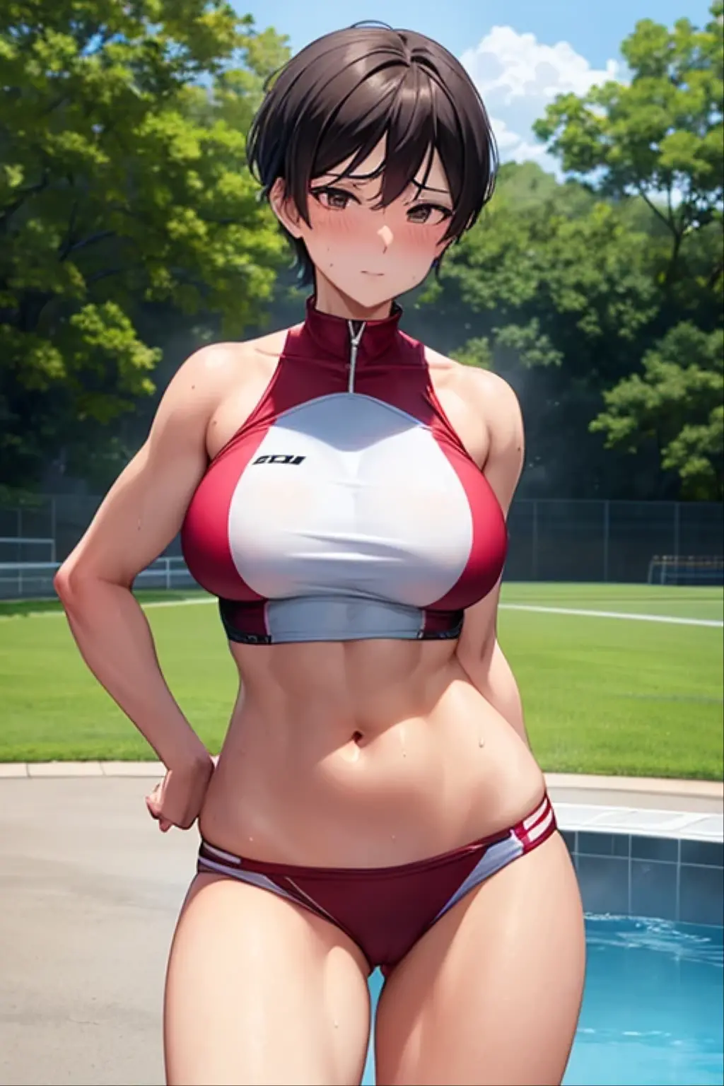 (melhor qualidade:1.3), (qualidade 4K), Nobara Kugisaki por jujutsu no kaisen, ((Rosto detalhado)), ((body curvy)), (peitos grandes), clivagem, sexy, ((piscina)), ((mini saia fio dental)) , ((ABS definido))