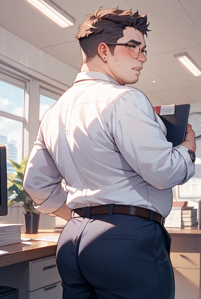 best quality, masterpiece, nerdy man, (short blond hair), wearing ripped business suit and glasses, with a chubby mature man, standing , grab , grab hair, , projectile , looking back, gasping for air, blushing, , gay, homoerotic, in dark office, at night, ambient lighting, extremely dramatic shadows, best view, perfection, no watermark, no logo, no signature