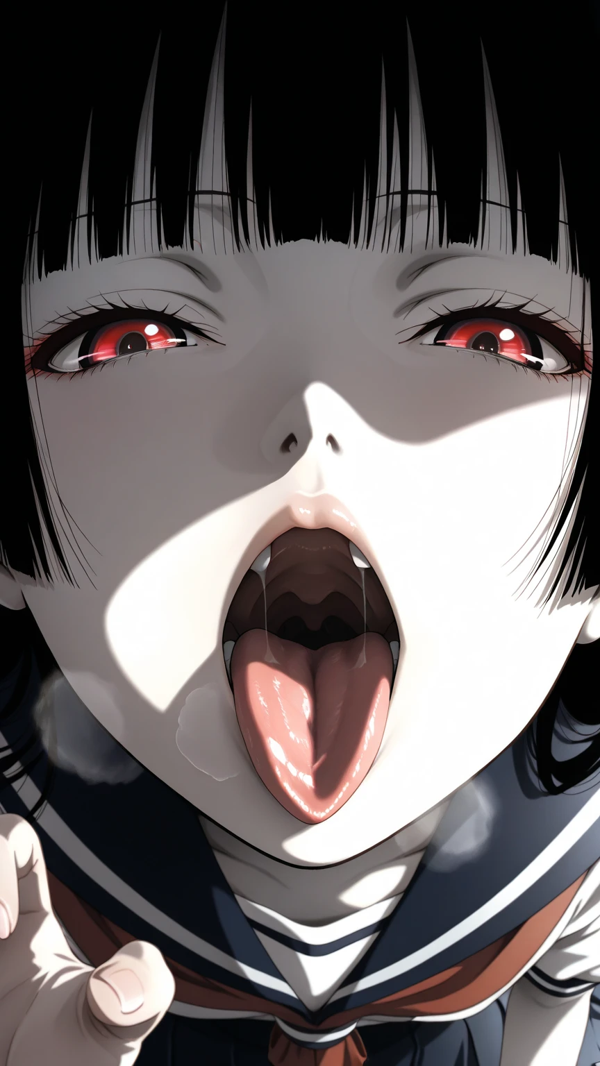 Yor, hembra madura, flequillo, Cerraduras laterales, ojos rojos, cabello ?????, Adornos para el cabello, pechos enormes，Sportrait, (cara:1.2), Colegialas, smil,hombros ????????, cabello ?????, Cherry Blossom, escote, 鎖骨, Rama de sauce, (Obra maestra de la mejor calidad :1.2), Noche, cara, boca abierta, uvula, boca, lengua, lengua fuera, red eyes, ???????????