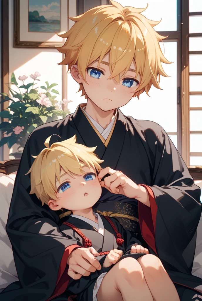 2 Boys,Casual clothing,Age difference,Blondes and brunettes,Sit on your lap,Hug ,smile,Modern Room,(Fine grain),Detailed skin,masterpiece