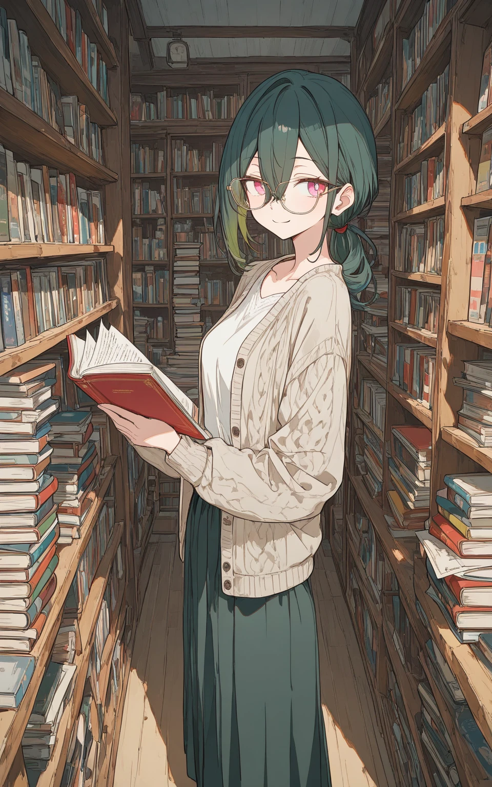 Huge library、1 librarian、One Woman、small round glasses、huge-breasted、chibi
