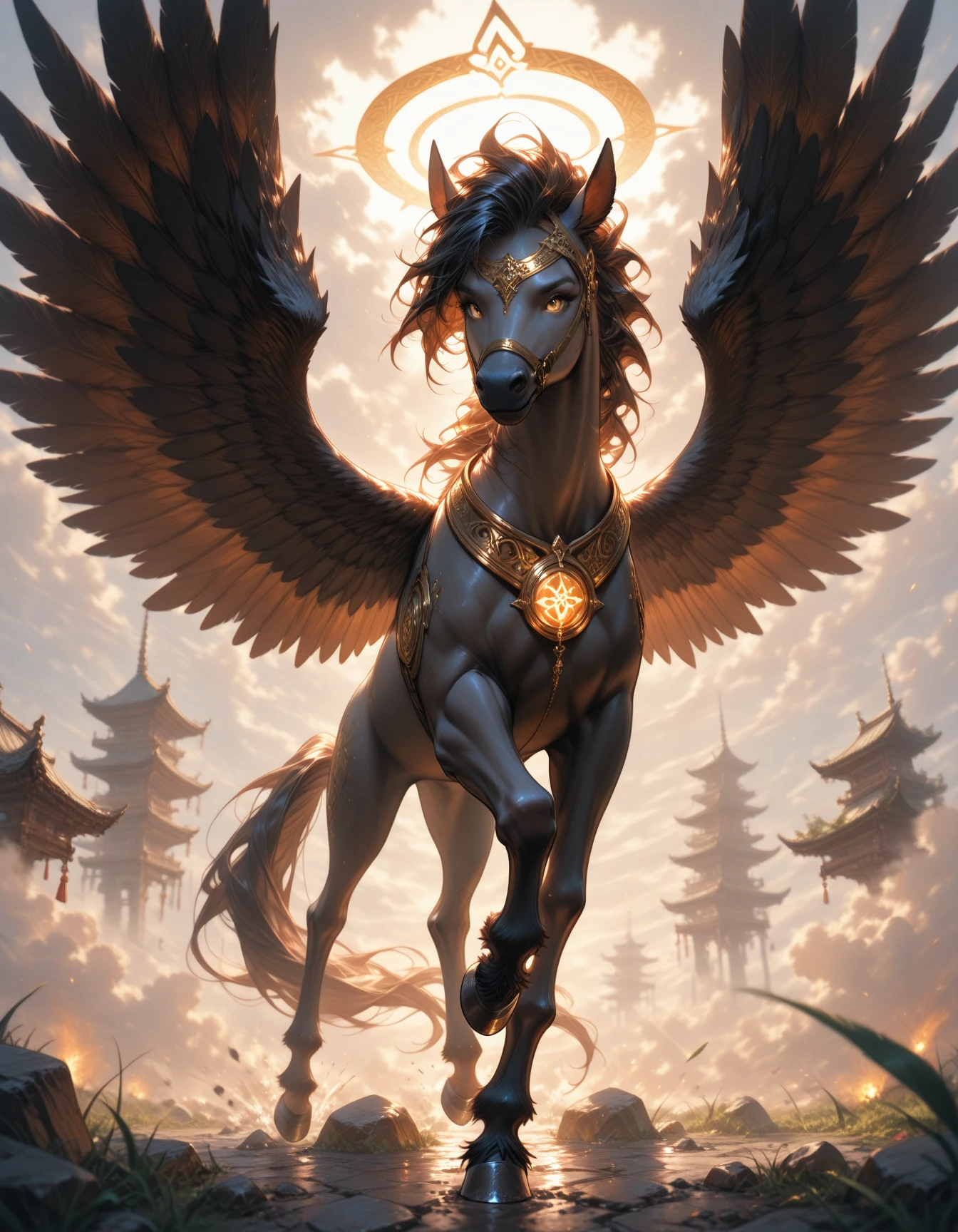 There are horses with harnesses on their backs, tenma，On the head is sunglasses, with hooves and wings, avatar image, Close-up shot shots, pony, Alphonse Fry, Flying creatures, pegasus, stylized 3 d, Flying, Close-up photos, rendered art