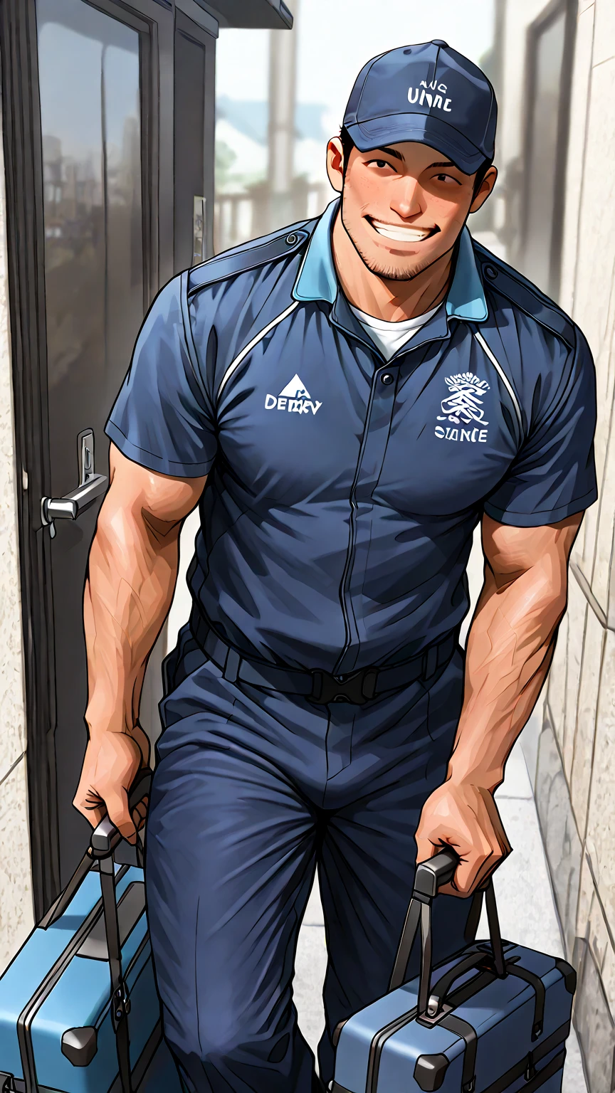 (: 1.5), (handsome Man sitting on table eating bread ),(crew cut short hair:1.8),black eye,(Wear a fitted round neck t-shirt in navy with a police badge.:1.5),(fit neck),Navy blue jeans,(black_gloves:1.2), Korean guy,chest muscles,large arm muscles,blood vessel,Big muscles,Broad shoulders, (open mouth:1.2),(face up:1.2),(open eyes:1.5), middle of the road,smile, In the bread shop,