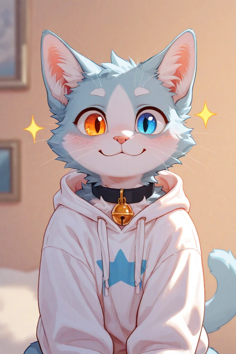 (Best image quality),(masterpiece),(((The only person))),(Ultra Detailed),(Calico cat:1.5), (White skin:1.3), hairy，(Light blue fur:1.3),((Golden Eyes)) ,(White ears),(hairy animal ears)，((Plain clothes))，Open your mouth slightly，Smile，small and sharp，natural lighting，Complex background,Delicate face，Details on the face，character focus，Detailed clothes，Depth of Field，Perfect lighting，Light Particles，Clear focus，Light Particles，Solitary，Front view，Sitting on the bed，handsome，Handsome，Bad laugh，