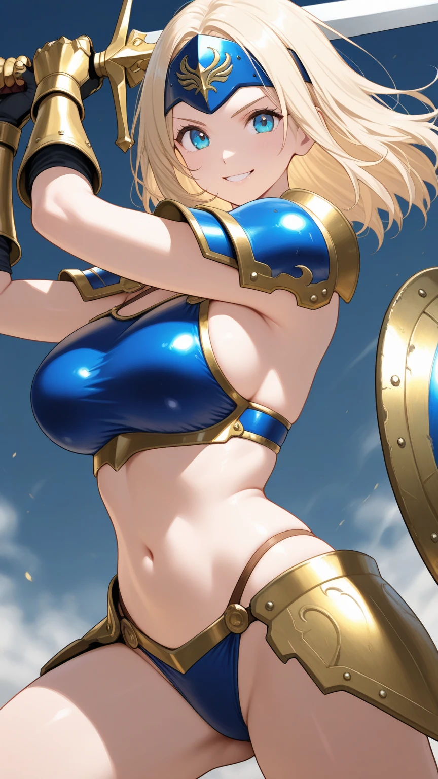 sensual, long blonde hair, thick thighs, 8K, 4k, highest quality, (High resolution:1.6), cute anime face, noise reduction, shining blue eyes, gentle smile, kind eyes、toned abdominal muscles, muscular arms, muscular legs,  young face, anime eyes, Sophitia Alexandra、(holding a sword in the right hand:1.5)、(Equipped with a shield on the left arm:1.5)、(SFW huge body)、(beautiful nose:1.5)