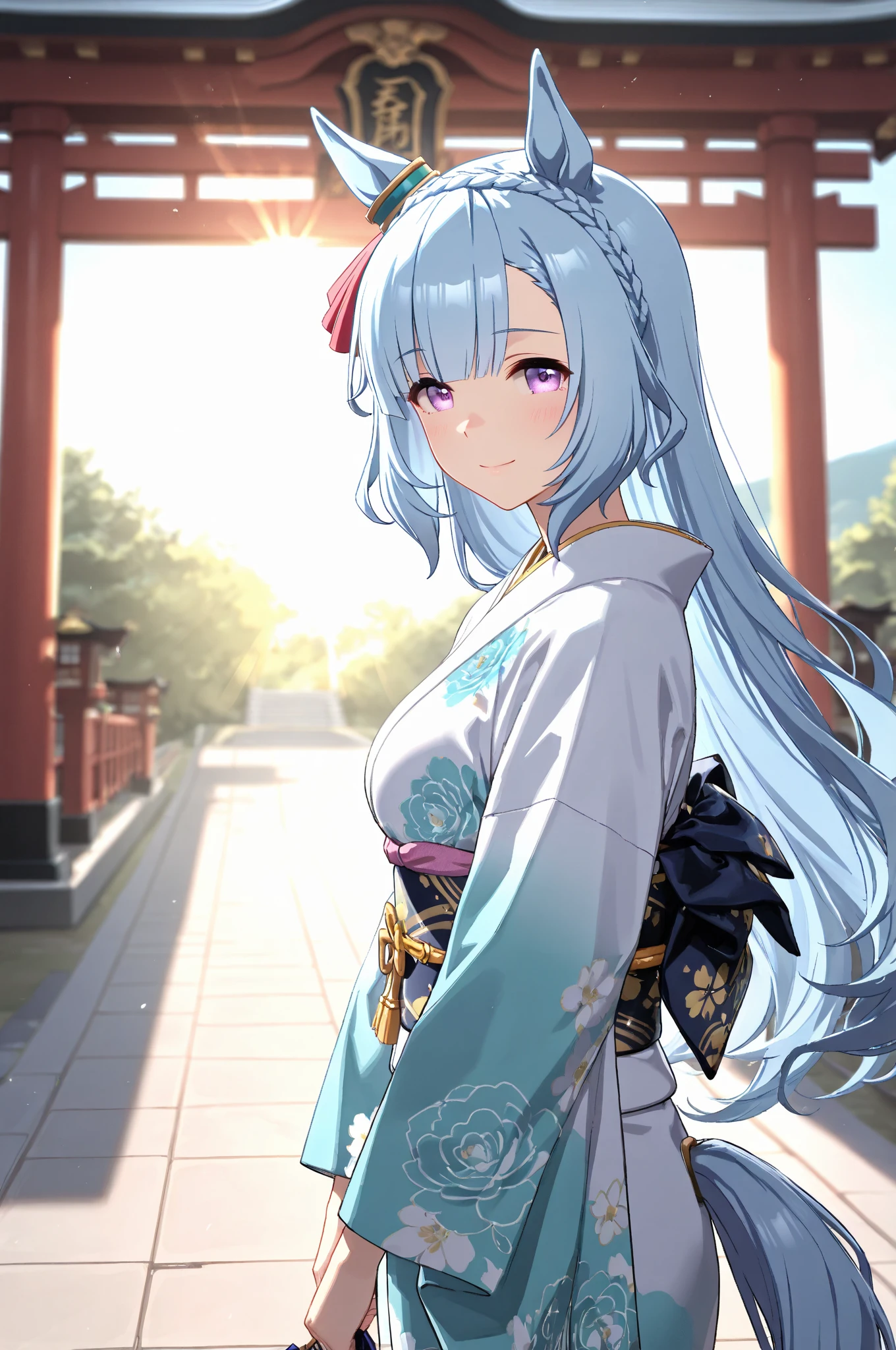 A anime high school girl, wear  kimono, short kimono,  arms,  back,  shoulder, walking, long hair, light blue hair, look at viewer, blue eyes
