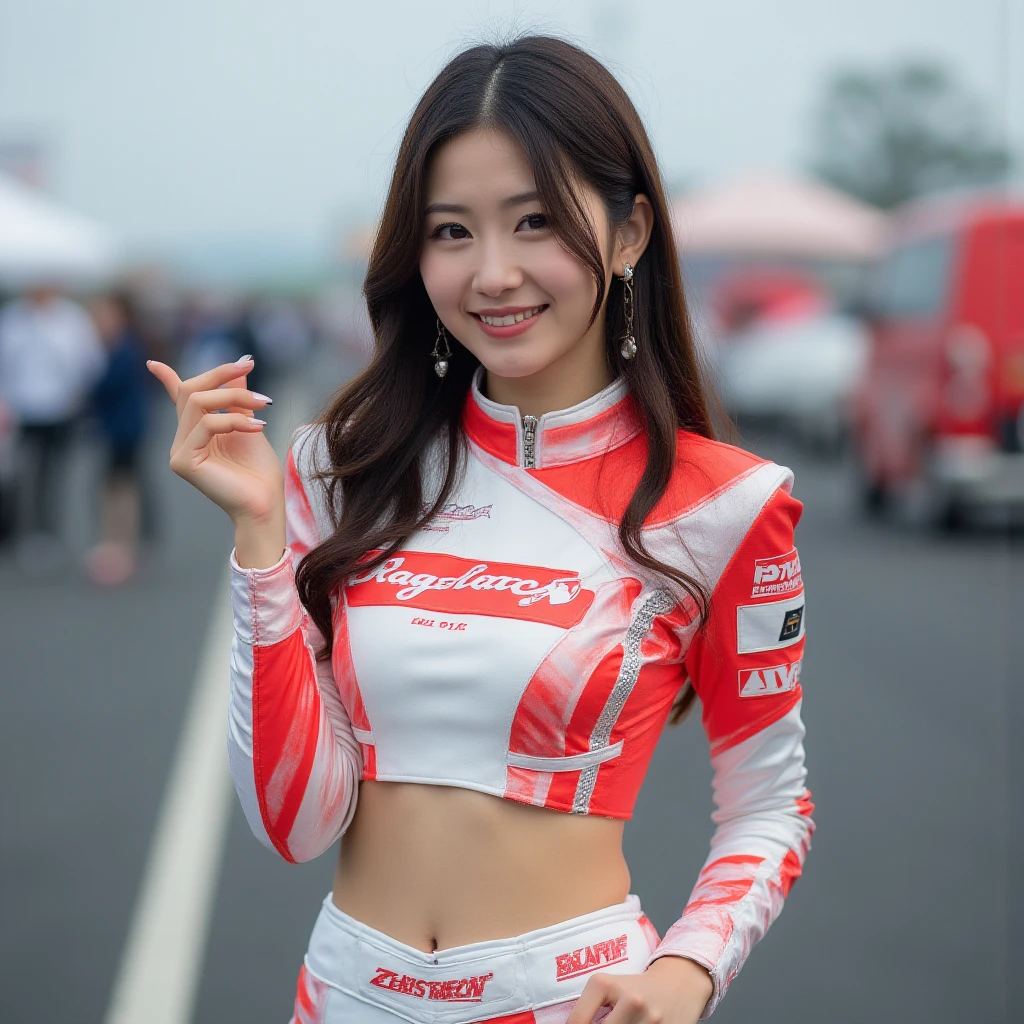 (8K, Ultra-high resolution, Highest quality, Tabletop:1.2),(18-year-old:1.2)、Race Queen、（motor Show）、fellow、Racing Car、Long legs、(Insincere laughter)、(avert your eyes)、8K、Japanese girl's life々Beautiful portrait、Photorealistic、Ultra-high resolution、Highest quality、 (:1.5, :1.8),(High leg)、Earrings、(((Vinyl  Costume)))、(Laotex)、Shiny Costumes、(From below:1.2)、(Makuhari Messe)、(((Toyota、Nissan、Honda、ＢＭＷ，Audi、ford, wait.)))、Stand next to the car、Arms crossed、( shot:1.8)、(High-end cafe:1.4) break (Natural skin texture、Detailed skin、Hyperrealism、Ultra Sharpness)、Intricate details、Depth of written boundary、Dim lighting、Korean Idol、Nogizaka Idol、Gravure idol pose、Fashion model posing