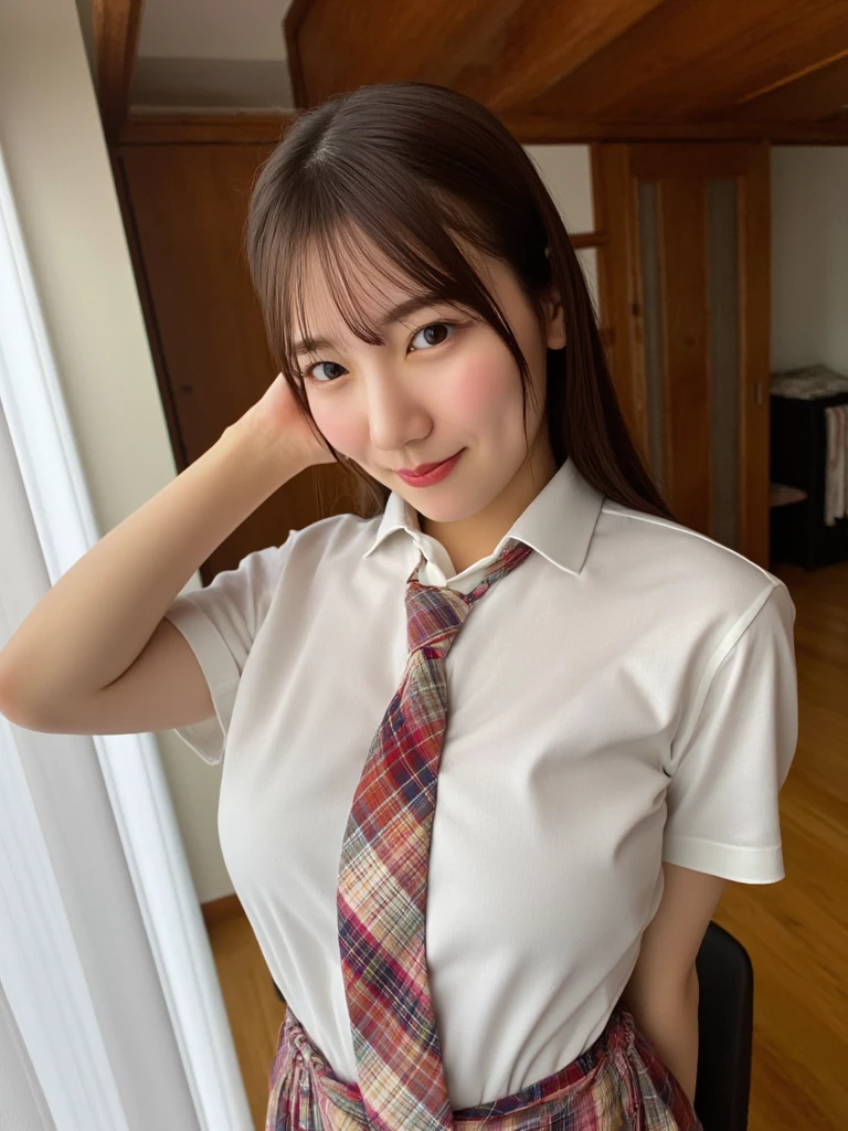 masterpiece, best quality, illustration, Super detailed, fine details, High resolution, 8K,wall paper, perfect dynamic composition,(Details High quality, realistic depiction of eyes:1.3), (white school shirt :1.2), (plaid skirt :1.3), tie black, black thigh-high stockings, sitting, , short bob hair, in a hotel room in the background, deep on field, large breasts, black hair color, Big Natural Color Lip, (perfect body shape), crying a little、Harajuku style、20 year old girl、cute type、beautiful legs, Gravure Idol