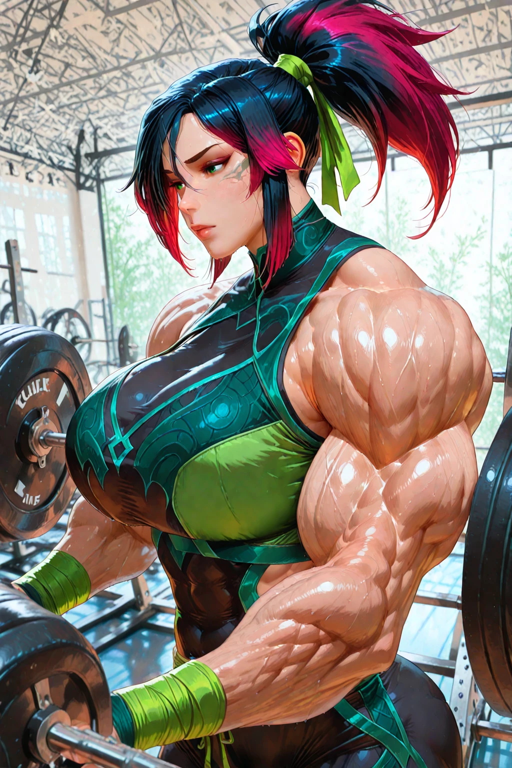 Five Fingers、Colossal tits、Fitness Model、musculature、clothes shiny、Cool smile、glistning skin