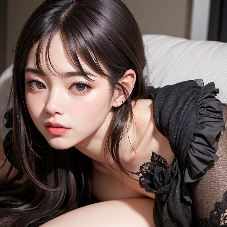 (8K), One young black-haired beauty, Without clothing, without , Ultra-thin image, the tips of the  stick out, , speaking, The shape of the  is clearly visible,  open, Bed with white sheets,