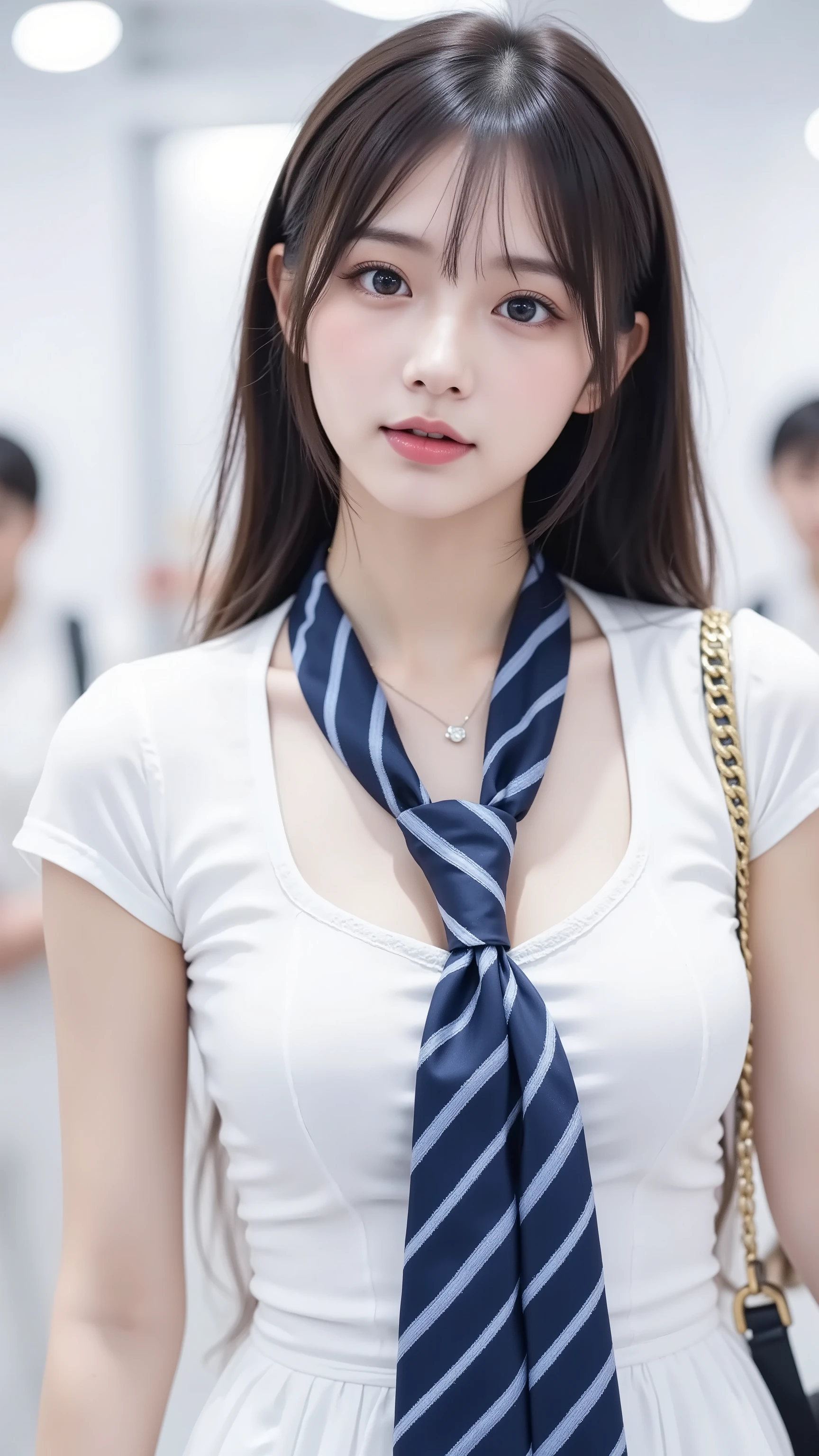 ((Best quality, 8k, Masterpiece :1.3)), Whole body, Sharp focus :1.2, A pretty woman with perfect figure :1.4, Slender abs :1.2, ((Dark brown hair, Big breasts :1.2)), body dress :1.1, Highly detailed face and skin texture, Detailed eyes, Double eyelid, Small Bust, , sailor uniform,  cleavage, Interior Scene, classroom