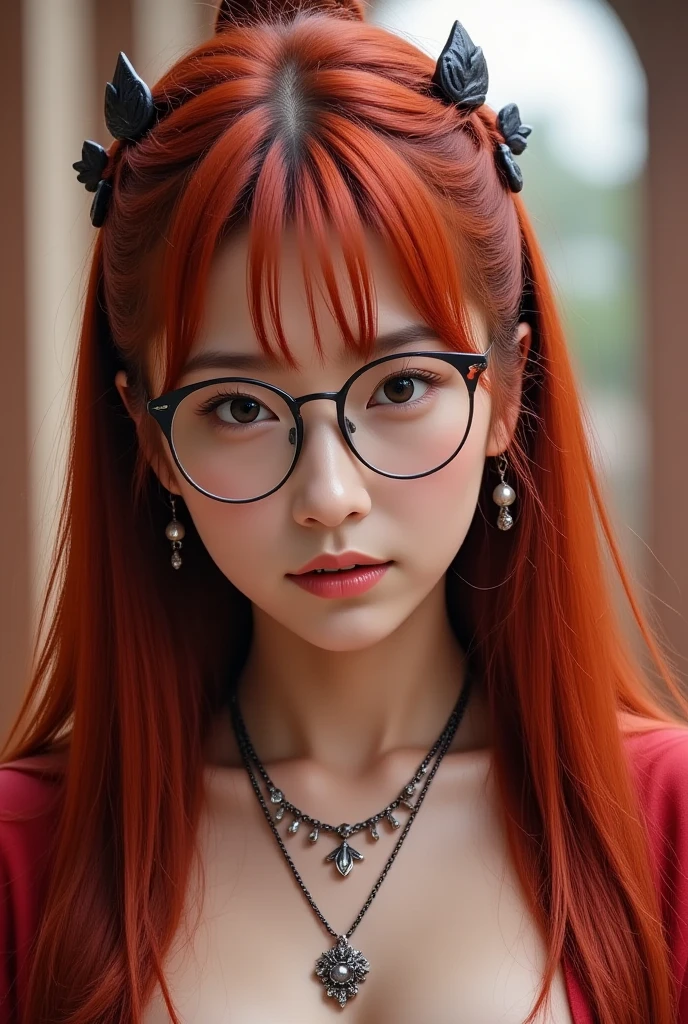 (Masterpiece:1.3)、(8K、Realistic photos、RAW shooting、Highest quality: 1.4)、absolutely correct、textured skin、((((1 girl、alone))))、((Shoot for one person only.))、beautiful face、(realistic face)、Red-haired girl with wavy ginger hair, flowing red hair, Red hair and attractive features, long wavy orange hair, long orange hair, wild red hair, copper curly hair, Orange peel and long shiny hair., Amaranthus, red hair, orange hair, red head, she has long redorange hair, red hairหยิก, Clear, smooth face, clear glasses, perfect proportions. Floral skirt set in black and orange tones Close-up camera angle See the face clearly
