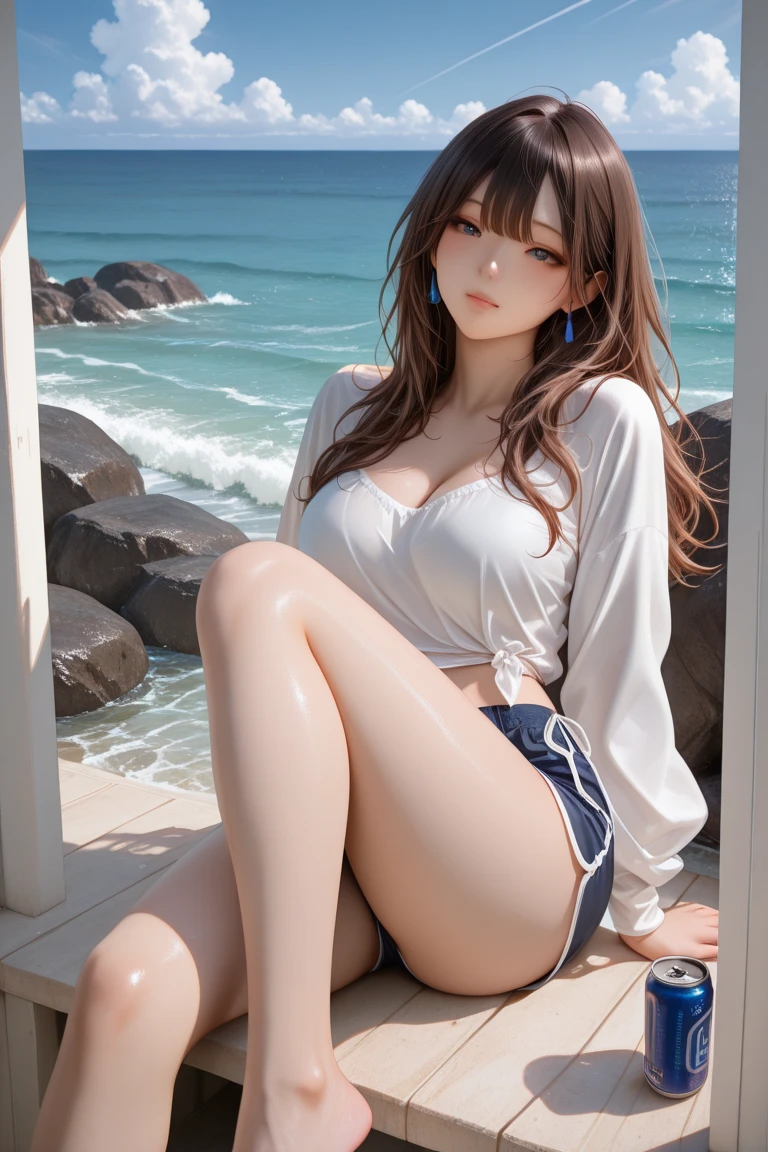 ((Extremely exposed))(High-definition image quality)極Realistic skin texture、High definition face(brown、Very long straight hair、Hair behind the ear、Beautiful moist brown hair、Smooth Hair)((Bright smile))、Gaze(sexyな25歳の女の子、Idol Makeup、Eyeliner)(Fair skin)(Sparkling eyes)Smooth Skin、Realistic skin texture ((Oversized T-shirt、Short length、Cleavage) ((Very short denim shorts、damage、Super tight、small、Ultra low rise、))))Beautiful armpits、On the position of the chest、Round big breasts、Beautiful valley、Ultra-thin waist、Waistline、Long legs、Glitter High Heels((((Seaside cafe during the day、Sit erotically))))(((((Medium full shot from below、sexy))))))Erotic and bold poses、