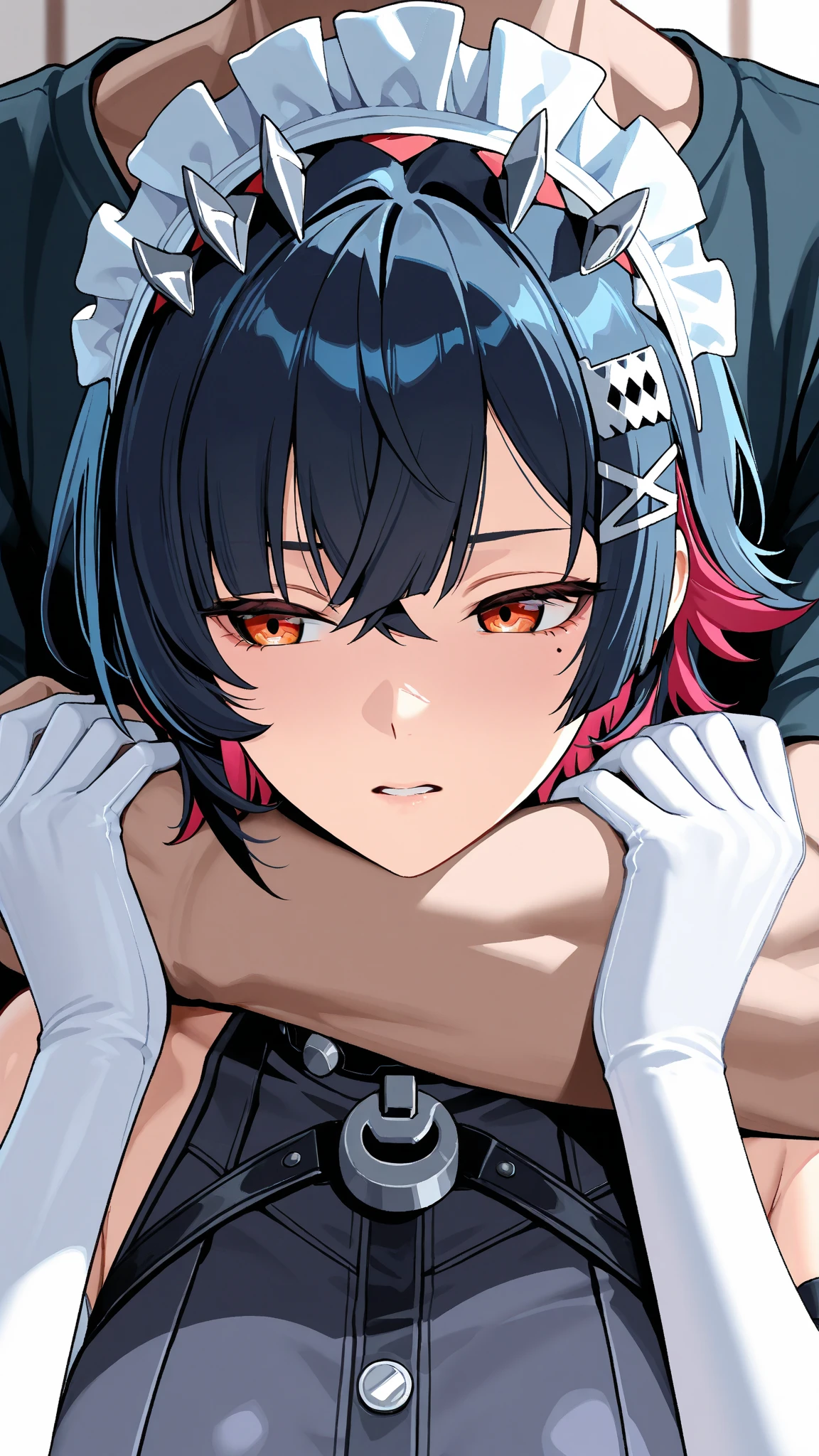 8K,highest quality,masterpiece, High resolution, ,(highest quality:1.1), (masterpiece:1.4), (absurd:1.0), portrait, 1 girl、Mizuki Yukikaze, flat ,skinny,  (( crying )), teardrops,hair ribbon, black leotard, Taimanin suit, one piece tan, ruffle leotard, thigh boots,(((prison))),((inside the cage)),(prisonの中),(prison),hands up,(handcuffs chain from above),