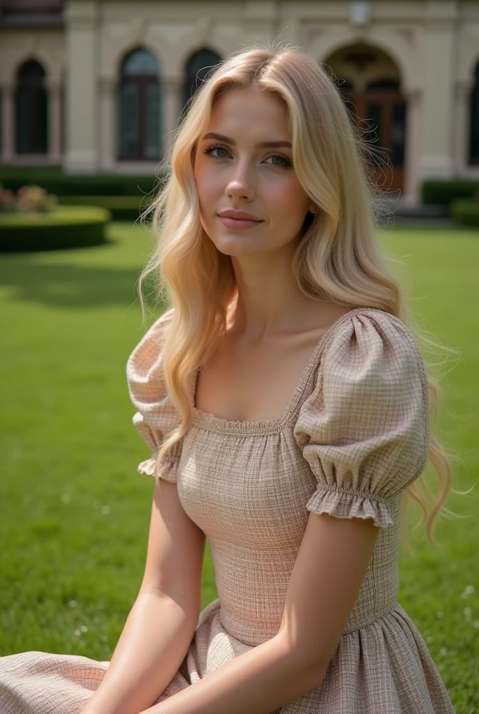 her name is Marie, high quality, 1girl, ((20-year-old fit Caucasian woman)), ((20 years old)), ((fit)), ((pale skin tone)), medium length straight blonde hair , wearing Lace-Up Corset Top + High-Waisted Pleated Skirt, pose: standing, background: Detail the picturesque streets of Bruges, Belgium, where cobblestone lanes, historic buildings, and serene canals create a postcard-perfect scene.