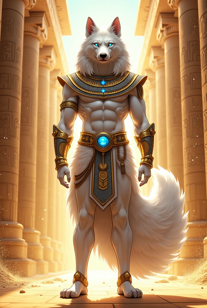 An otherworldly canine figure, adorned in intricately woven tribal attire, stands before you with a curious expression. The alien dog's sleek, silver fur shines under the ethereal, soft-hued lighting, and its large, intriguing eyes gleam with an intelligent, mystifying glow. The treatment of this 3D render exhibit's the highest level of detail, capturing every texture and form of the dog's muscular body. Observe as its intricately patterned outfit covers its torso and limbs, an elegant testament to the rich cultural history of its imaginary origins. The vivid, exquisitely detailed picture, created by a master