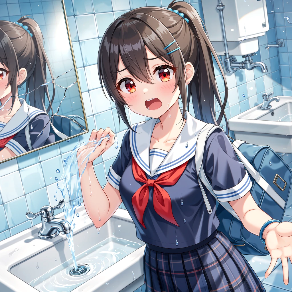 masterpiece, Highest quality, Nico_Yazawa,High resolution, 1 Girl, alone, Brown Hair, short hair, Twin tails、Purple eyes,  , , (Cleavage)、(Beautiful thighs), Carrying a red backpack, (randoseru backpack:1.2) Sweaty、Thick thighs、Highest quality、4K、1girl, 8years old, , cute, grin, 、、on the train、、、Thick thighs、Men holding their  and surrounding girls、 from the 、、、（）projectile 、、Lots of spectators、、low length、leotard